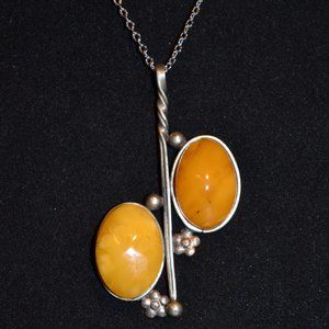 Cloudy Baltic Amber Pendant with Silver Tone Chain